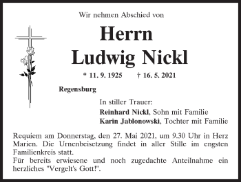Traueranzeige von Ludwig Nickl von Mittelbayerische Zeitung Regensburg
