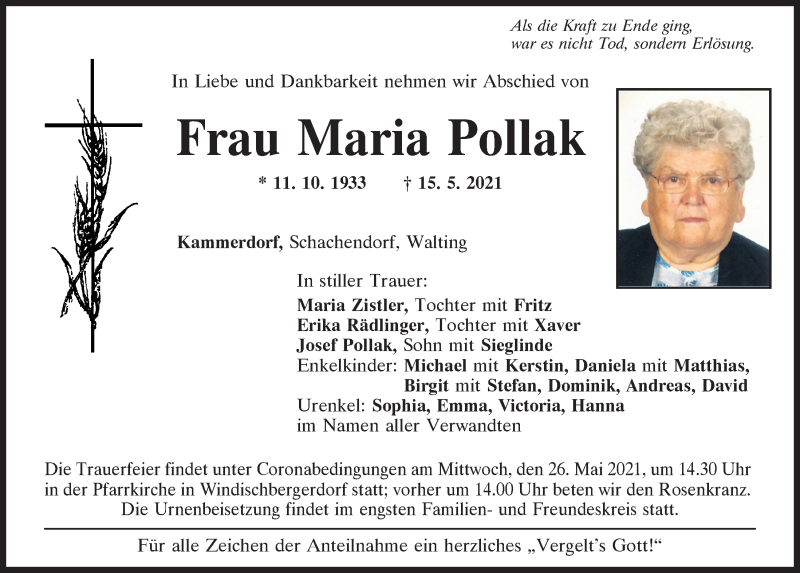  Traueranzeige für Maria Pollak vom 25.05.2021 aus Bayerwald Echo