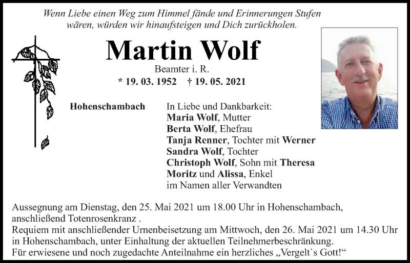  Traueranzeige für Martin Wolf vom 22.05.2021 aus Mittelbayerische Zeitung Regensburg