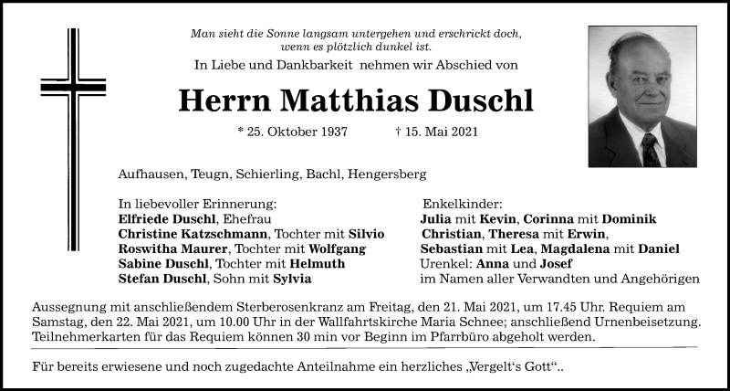  Traueranzeige für Matthias Duschl vom 20.05.2021 aus Mittelbayerische Zeitung Regensburg