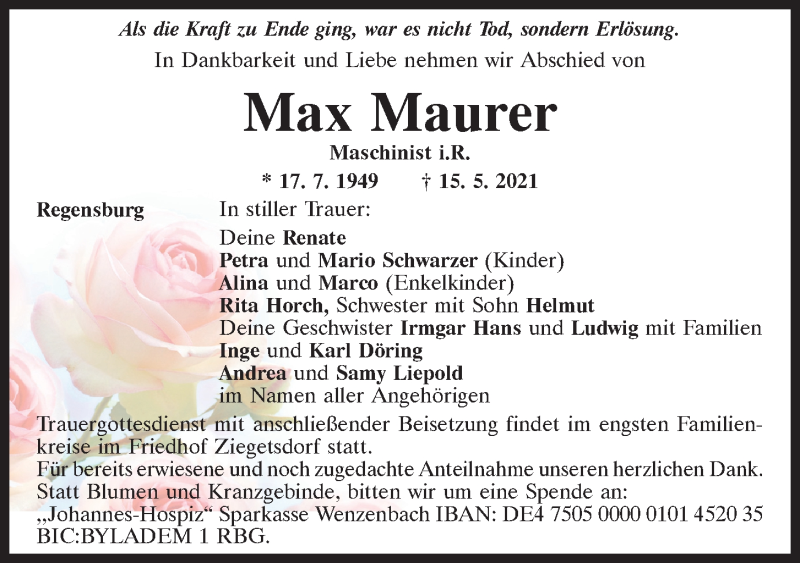  Traueranzeige für Max Maurer vom 19.05.2021 aus Mittelbayerische Zeitung Regensburg