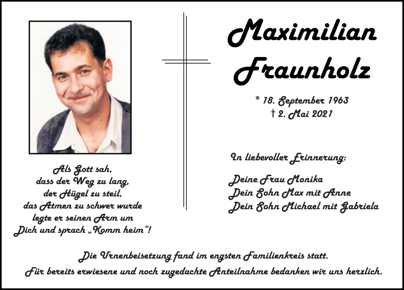  Traueranzeige für Maximilian Fraunholz vom 18.05.2021 aus Mittelbayerische Zeitung Kelheim