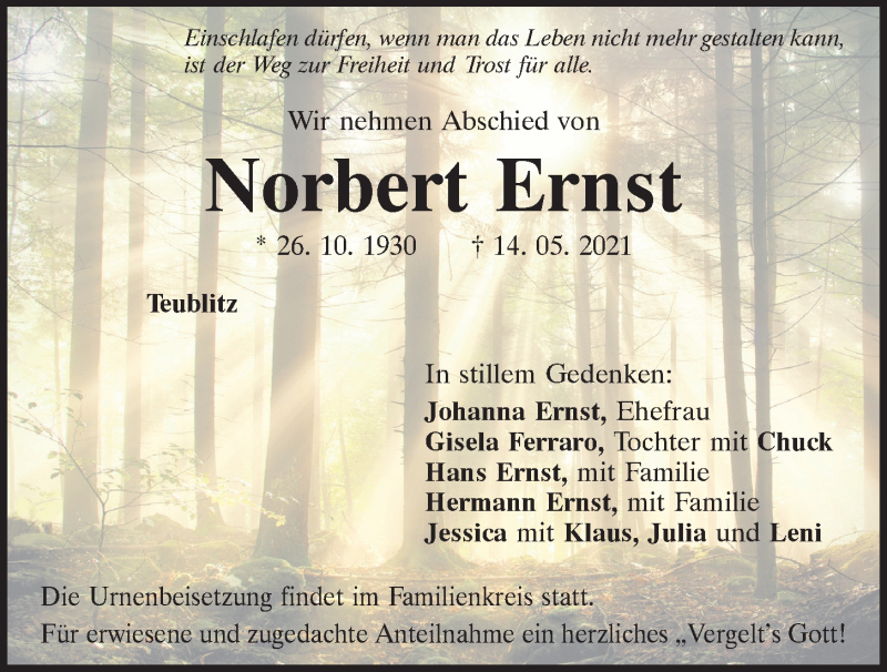  Traueranzeige für Norbert Ernst vom 22.05.2021 aus Mittelbayerische Zeitung Schwandorf
