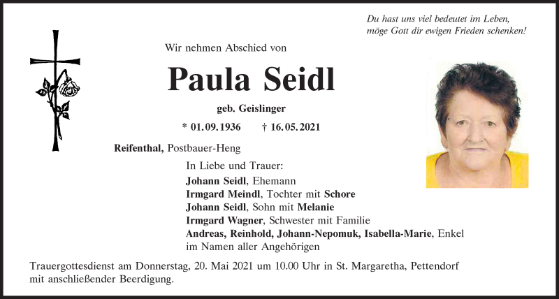  Traueranzeige für Paula Seidl vom 19.05.2021 aus Mittelbayerische Zeitung Regensburg