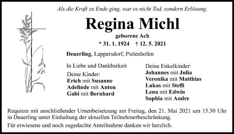  Traueranzeige für Regina Michl vom 15.05.2021 aus Mittelbayerische Zeitung Regensburg