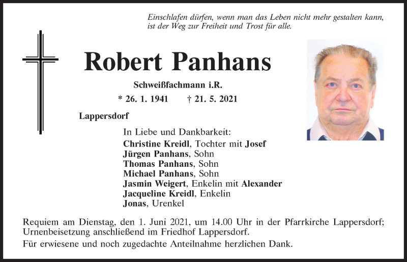  Traueranzeige für Robert Panhans vom 29.05.2021 aus Mittelbayerische Zeitung Regensburg