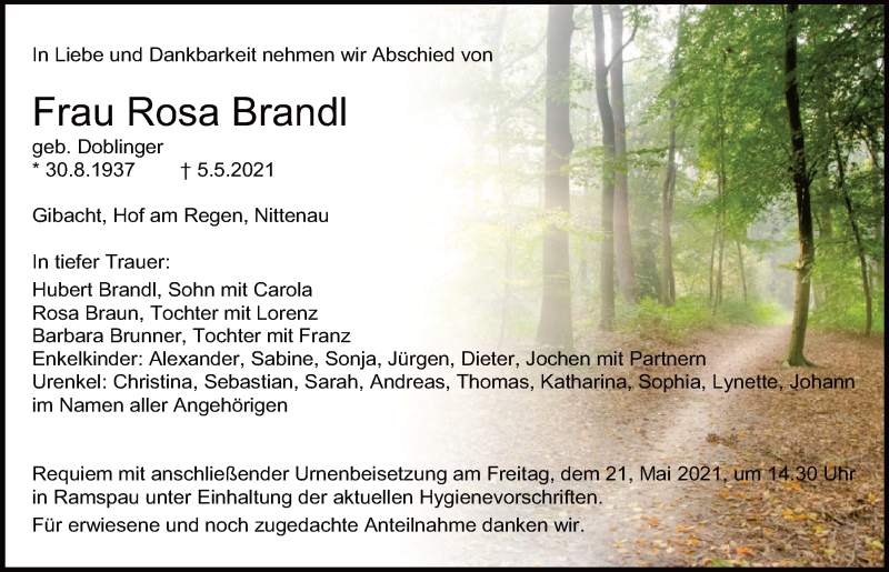  Traueranzeige für Rosa Brandl vom 20.05.2021 aus Mittelbayerische Zeitung Schwandorf