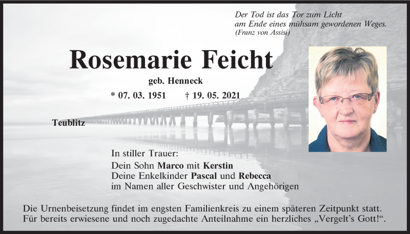  Traueranzeige für Rosemarie Feicht vom 22.05.2021 aus Mittelbayerische Zeitung Schwandorf