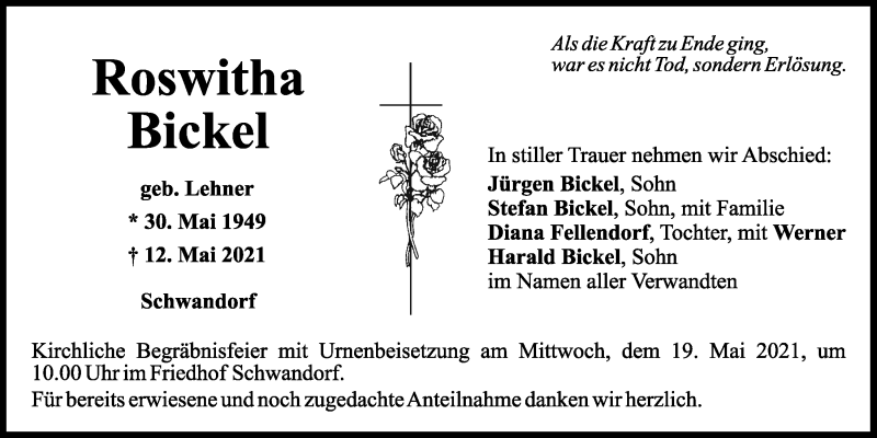  Traueranzeige für Roswitha Bickel vom 15.05.2021 aus Mittelbayerische Zeitung Schwandorf
