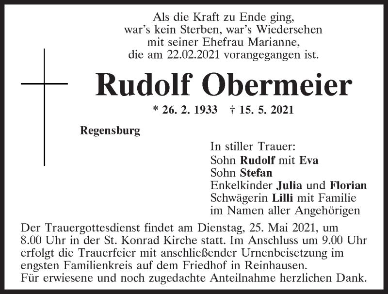  Traueranzeige für Rudolf Obermeier vom 22.05.2021 aus Mittelbayerische Zeitung Regensburg