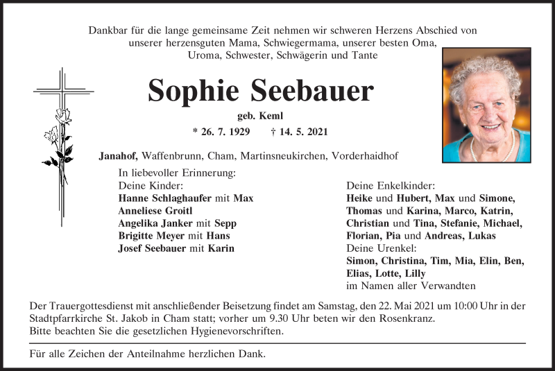  Traueranzeige für Sophie Seebauer vom 19.05.2021 aus Bayerwald Echo