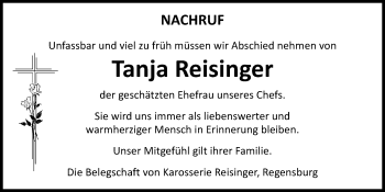 Traueranzeige von Tanja Reisinger von Mittelbayerische Zeitung Regensburg