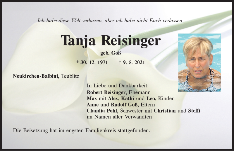  Traueranzeige für Tanja Reisinger vom 29.05.2021 aus Mittelbayerische Zeitung Regensburg