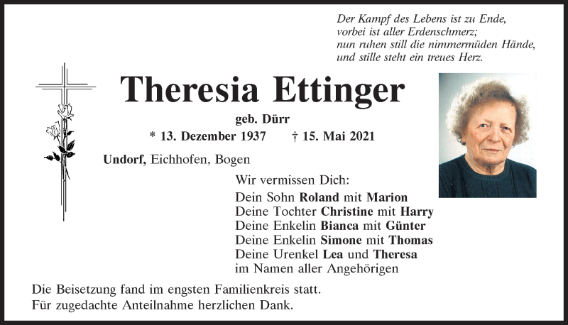  Traueranzeige für Theresia Ettinger vom 29.05.2021 aus Mittelbayerische Zeitung Regensburg