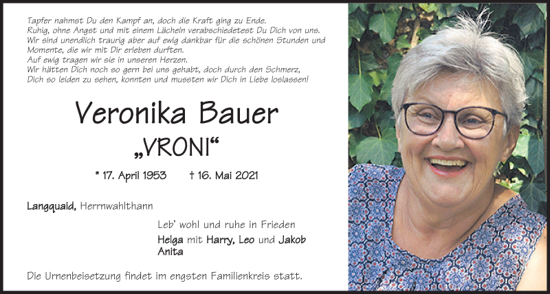  Traueranzeige für Veronika Bauer vom 18.05.2021 aus Mittelbayerische Zeitung Kelheim