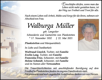 Traueranzeige von Walburga Müller von Neumarkter Tagblatt
