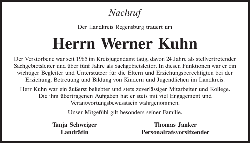  Traueranzeige für Werner Kuhn vom 01.06.2021 aus Mittelbayerische Zeitung Gesamtausgabe