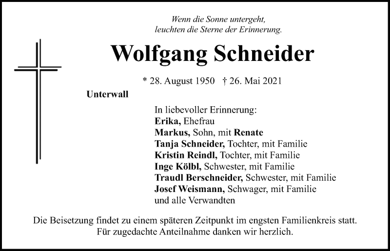  Traueranzeige für Wolfgang Schneider vom 29.05.2021 aus Neumarkter Tagblatt