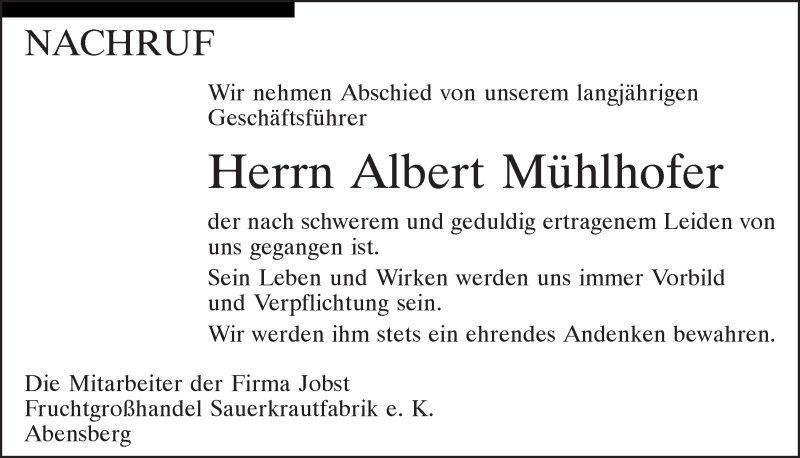  Traueranzeige für Albert Mühlhofer vom 16.06.2021 aus Mittelbayerische Zeitung Kelheim