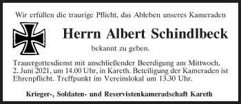 Traueranzeige von Albert Schindlbeck von Mittelbayerische Zeitung Regensburg