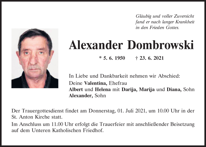  Traueranzeige für Alexander Dombrowski vom 26.06.2021 aus Mittelbayerische Zeitung Regensburg