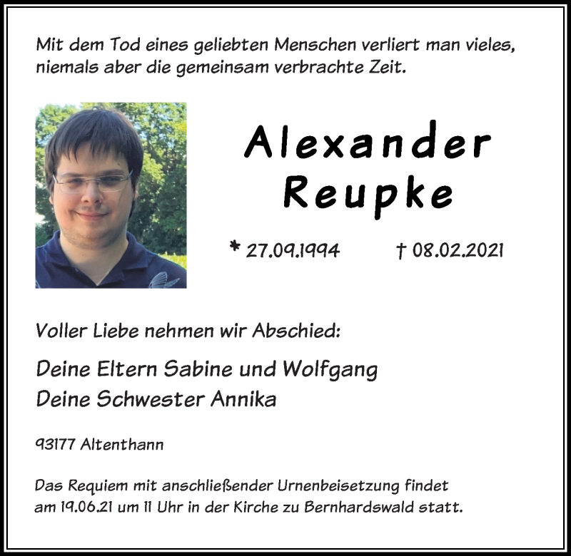  Traueranzeige für Alexander Reupke vom 12.06.2021 aus Mittelbayerische Zeitung Regensburg