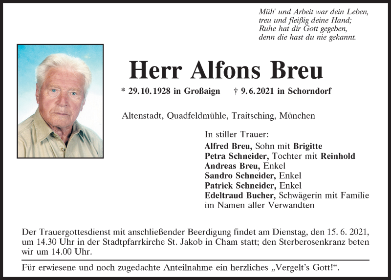  Traueranzeige für Alfons Breu vom 12.06.2021 aus Bayerwald Echo