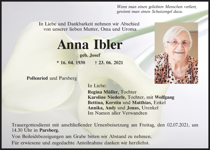  Traueranzeige für Anna Ibler vom 26.06.2021 aus Mittelbayerische Zeitung Regensburg