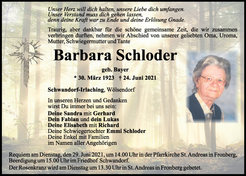  Traueranzeige für Barbara Schloder vom 26.06.2021 aus Mittelbayerische Zeitung Schwandorf