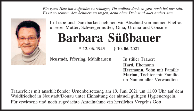  Traueranzeige für Barbara Süßbauer vom 17.06.2021 aus Mittelbayerische Zeitung Kelheim