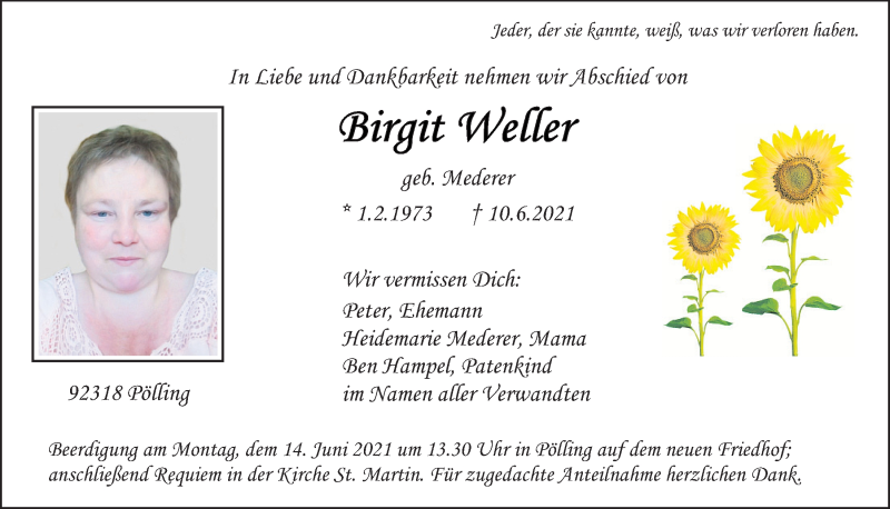  Traueranzeige für Birgit Weller vom 12.06.2021 aus Neumarkter Tagblatt