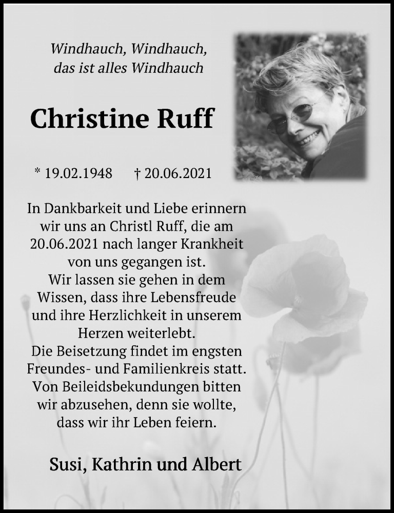  Traueranzeige für Christine Ruff vom 24.06.2021 aus Mittelbayerische Zeitung Regensburg