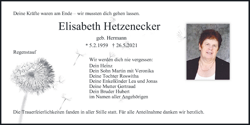  Traueranzeige für Elisabeth Hetzenecker vom 05.06.2021 aus Mittelbayerische Zeitung Regensburg