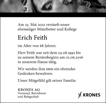 Traueranzeige von Erich Feith von Mittelbayerische Zeitung Regensburg
