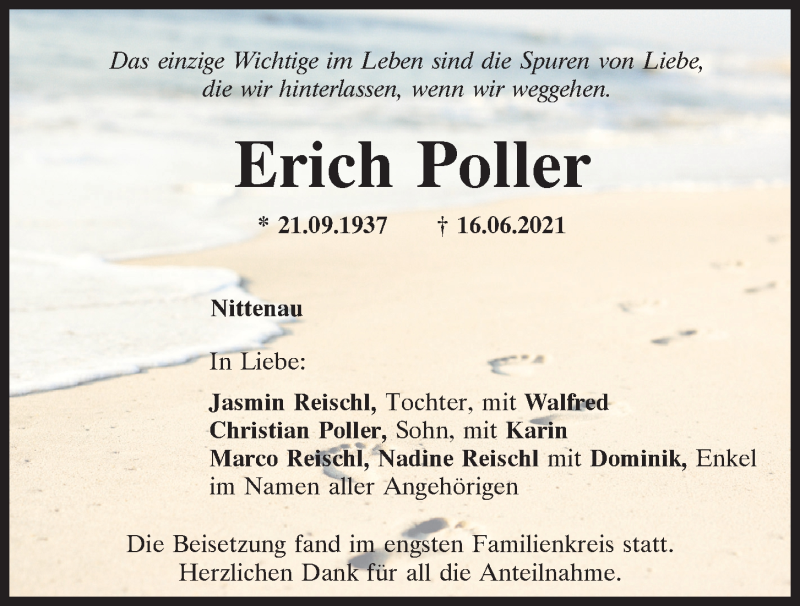  Traueranzeige für Erich Poller vom 24.06.2021 aus Mittelbayerische Zeitung Schwandorf