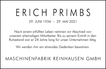 Traueranzeige von Erich Prims von Mittelbayerische Zeitung Regensburg