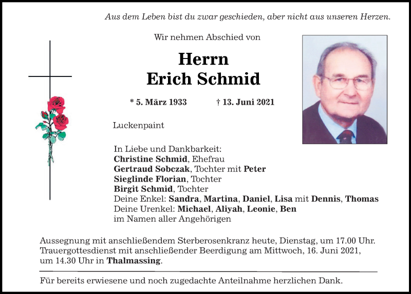  Traueranzeige für Erich Schmid vom 15.06.2021 aus Mittelbayerische Zeitung Regensburg