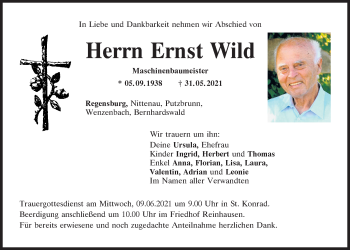 Traueranzeige von Ernst Wild von Mittelbayerische Zeitung Regensburg