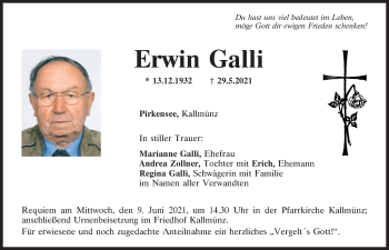 Traueranzeige von Erwin Galli von Mittelbayerische Zeitung Regensburg