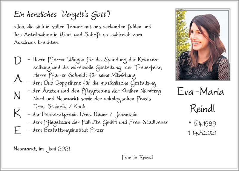  Traueranzeige für Eva-Maria Reindl vom 04.06.2021 aus Neumarkter Tagblatt