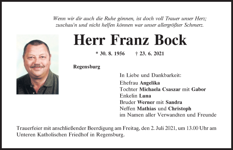  Traueranzeige für Franz Bock vom 26.06.2021 aus Mittelbayerische Zeitung Regensburg