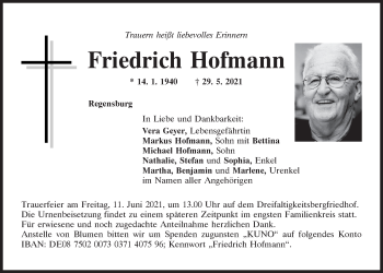 Traueranzeige von Friedrich Hofmann von Mittelbayerische Zeitung Regensburg