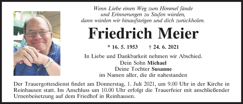  Traueranzeige für Friedrich Meier vom 26.06.2021 aus Mittelbayerische Zeitung Regensburg