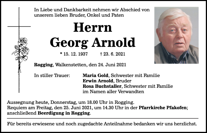  Traueranzeige für Georg Arnold vom 24.06.2021 aus Mittelbayerische Zeitung Regensburg