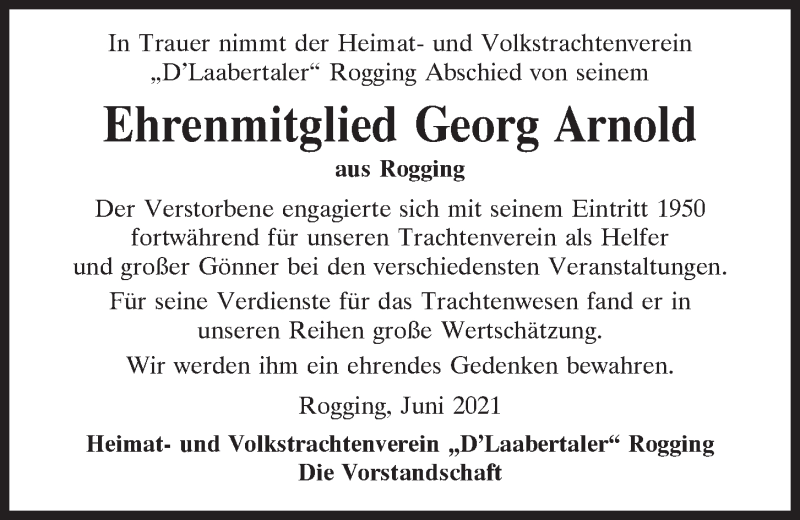  Traueranzeige für Georg Arnold vom 26.06.2021 aus Mittelbayerische Zeitung Regensburg
