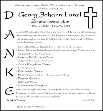 Traueranzeige von Georg Johann Lanzl von Mittelbayerische Zeitung Regensburg