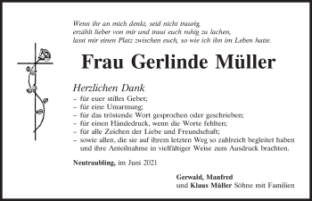 Traueranzeige von Gerlinde Müller von Mittelbayerische Zeitung Regensburg