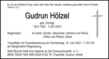 Traueranzeige von Gudrun Hölzel von Mittelbayerische Zeitung Regensburg