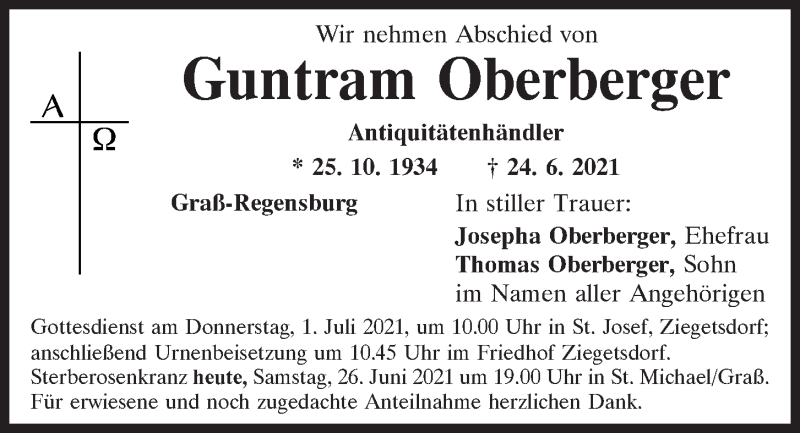  Traueranzeige für Guntram Oberberger vom 26.06.2021 aus Mittelbayerische Zeitung Regensburg