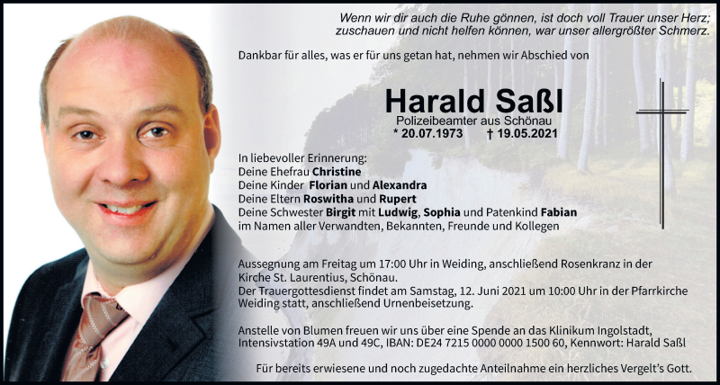  Traueranzeige für Harald Saßl vom 09.06.2021 aus Bayerwald Echo